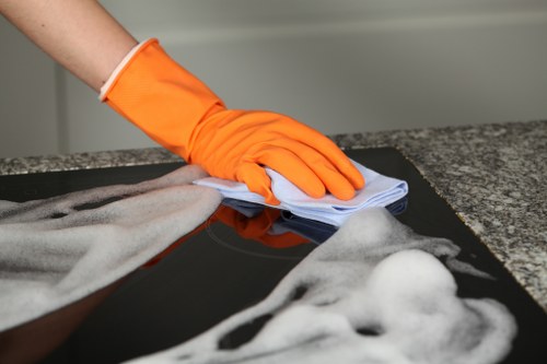 Carpet cleaning team preparing equipment safely